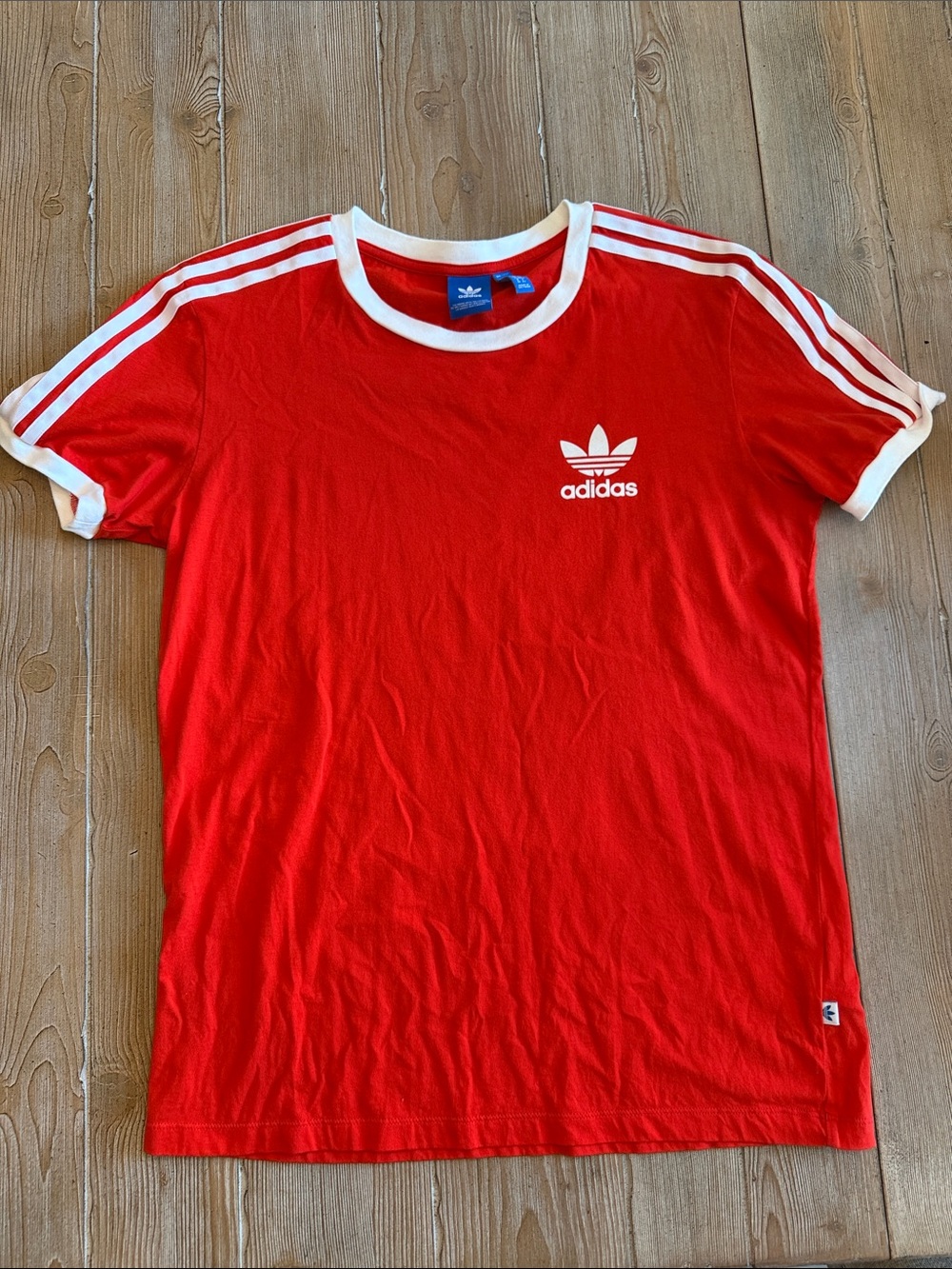 adidas Red Short-Sleeve Trefoil Ringer Tee with White Stripes